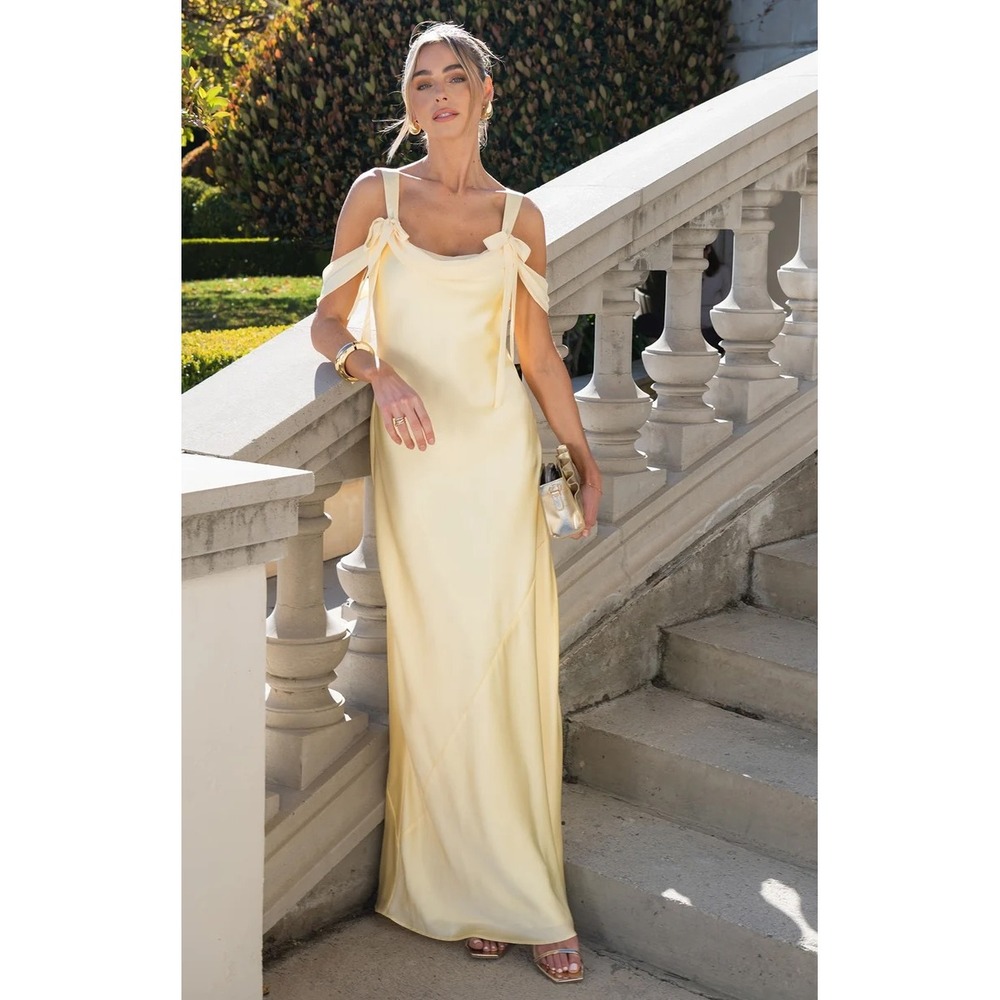 Pale Yellow Satin Cowl Neck Maxi Dress with Chiffon Shoulder Drapes Formal Gown